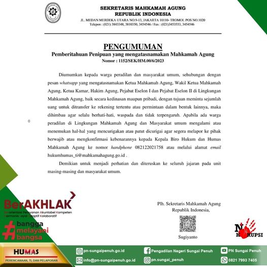 Pengumuman Penipuan Mengatasnamakan Mahkamah Agung RI