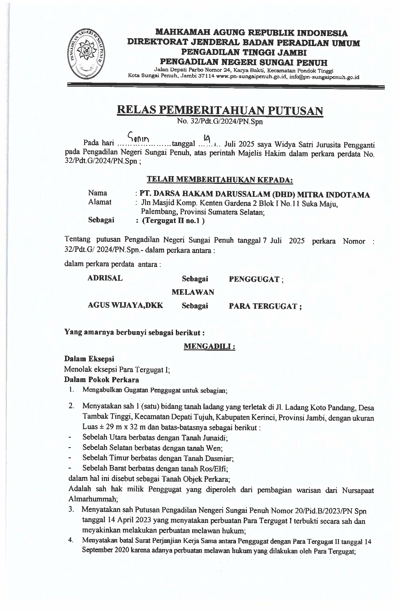 Pemberitahuan Putusan Perkara Nomor 32/Pdt.G/2024/PN.SPN