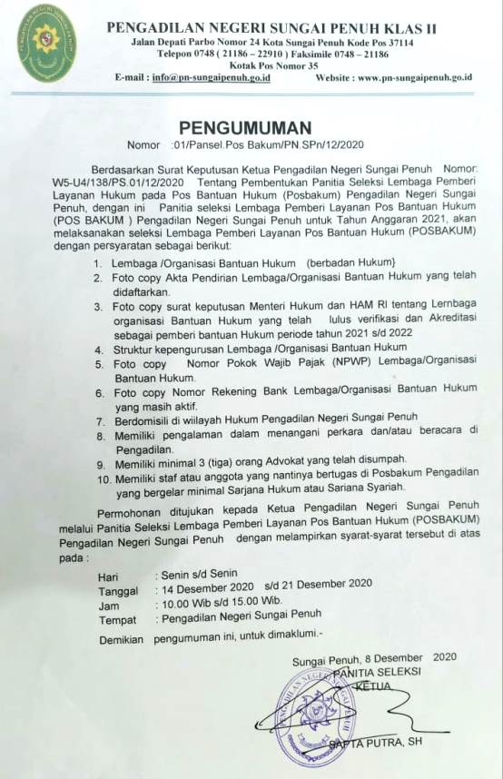 Pengumuman Seleksi Lembaga Pemberi Layanan Hukum pada Pos Bantuan Hukum (Posbakum) Pengadilan Negeri Sungai Penuh